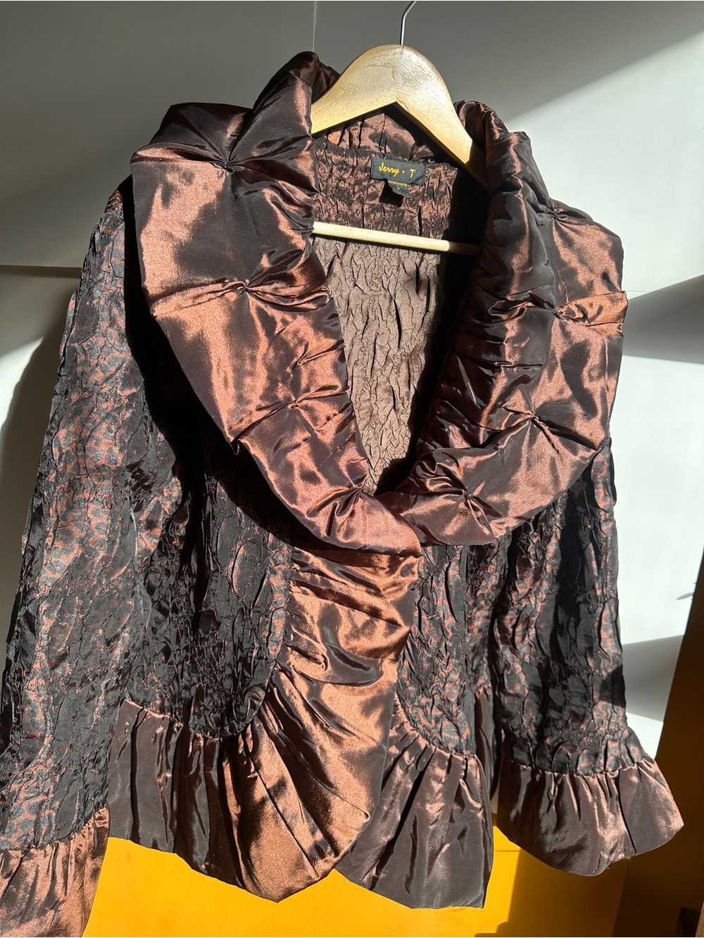 Wearable Art Ruffled Satin-Trim Jacket in Deep Brown